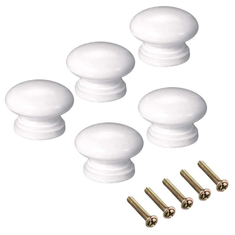 Mgoodoo 5PCS White Wood Knobs, 1.34'' Round Mushroom Wooden Knobs for Cabinet Drawer Dresser Closet Cupboard Pulls Kitchen Hardware - Image 1